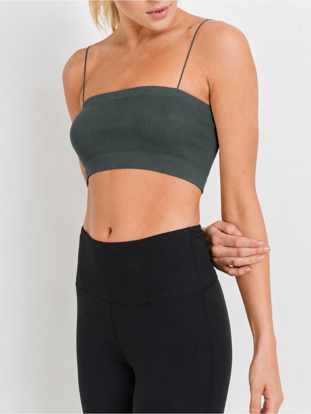 MONO B Seamless Micro Strap Ribbed Tube Top Bandeau Crop Sage Green
